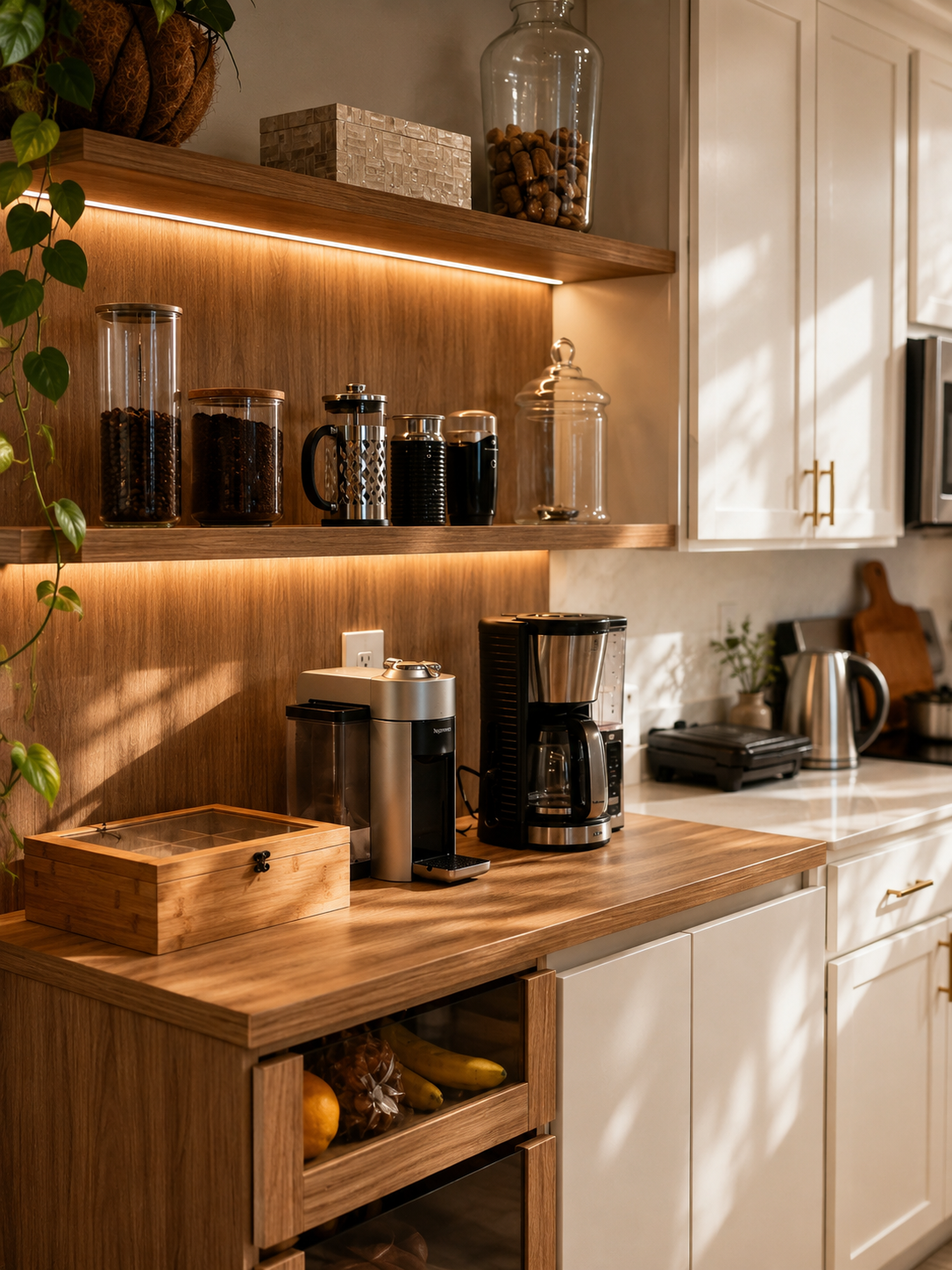 Warm wood coffee station with open shelving and integrated lighting