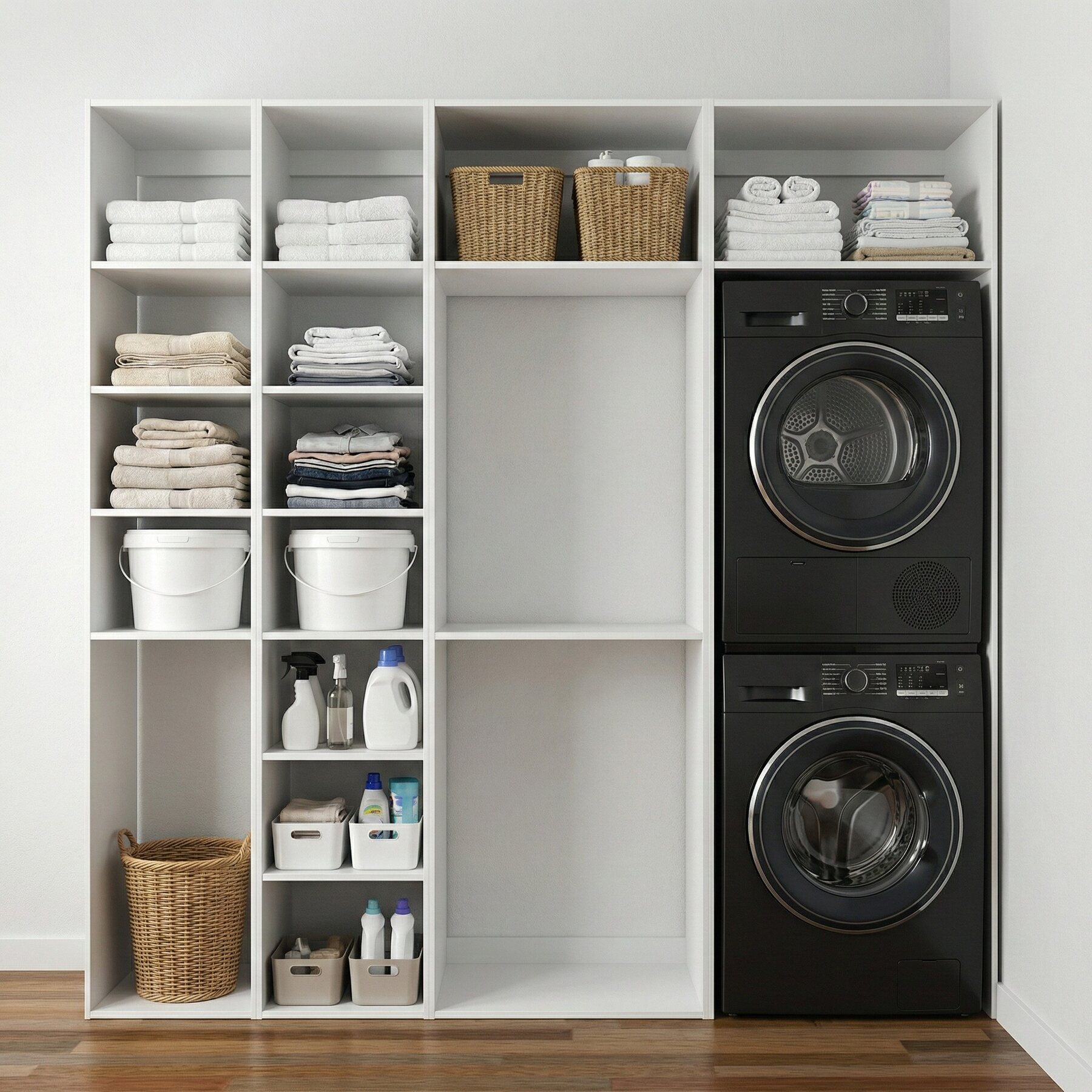 Frameless laundry cabinetry and appliance storage system