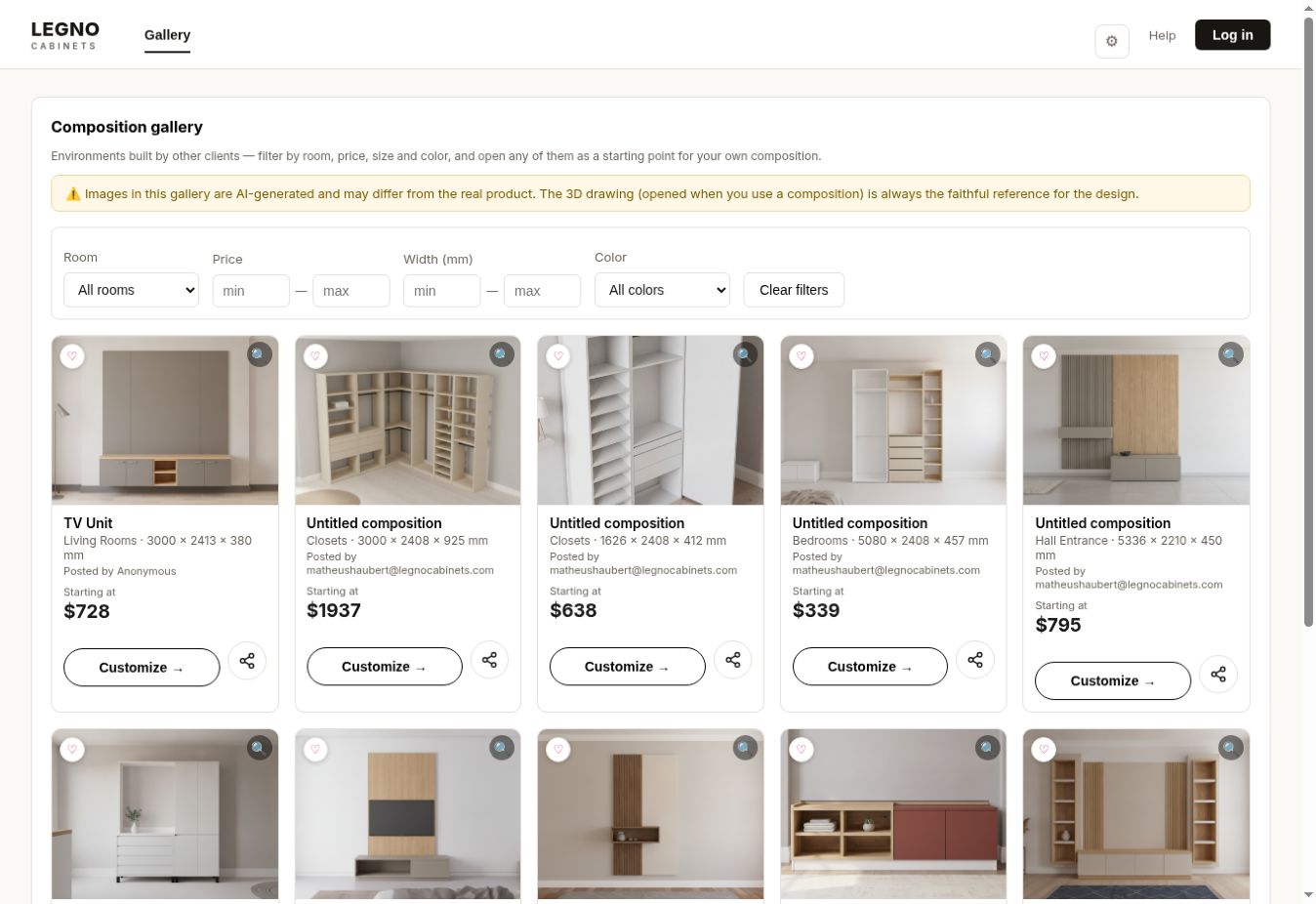 LEGNO Partner Studio composition gallery with cabinet models, filters and pricing